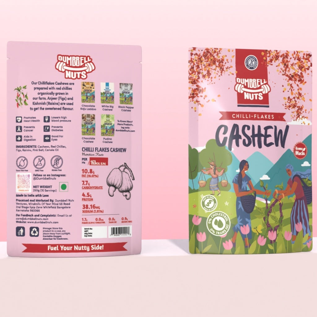 Dumbbell Nuts chilli flakes cashew, front and back packet