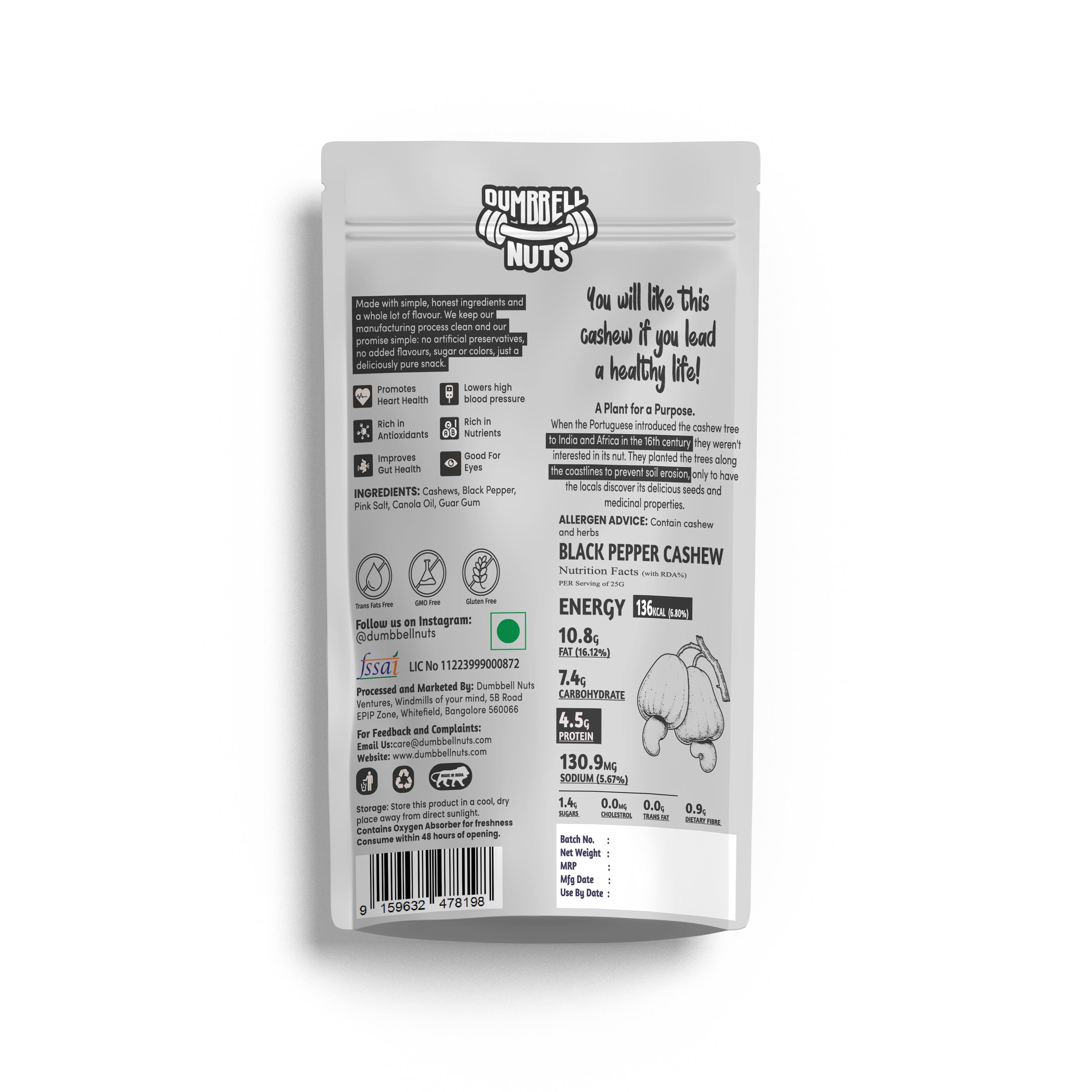 Dumbbell Nuts Black Pepper Cashew - 19% Protein